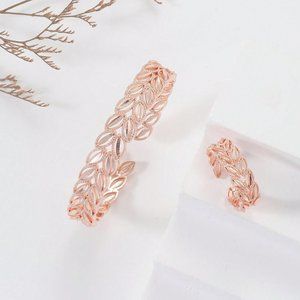 3/$35 18K Gold Plated Rose Gold Leaf Bracelet & Ring Set Statement Jewelry